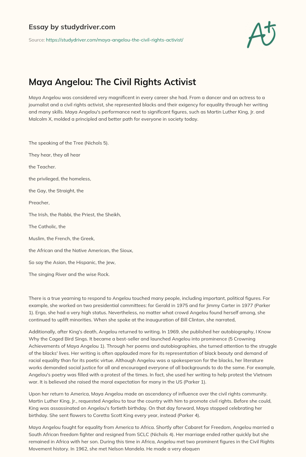 Maya Angelou: the Civil Rights Activist essay
