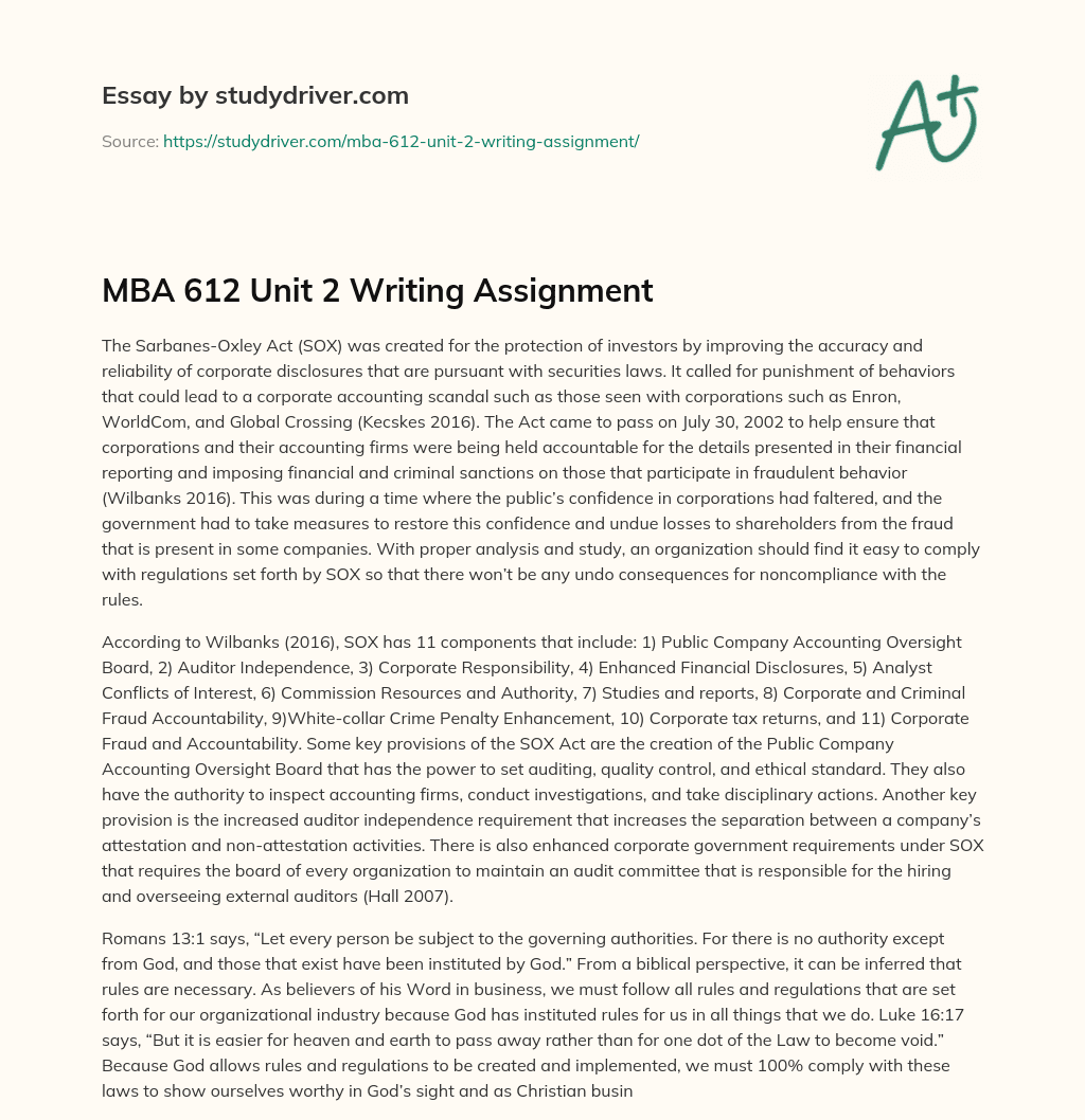MBA 612 Unit 2 Writing Assignment essay