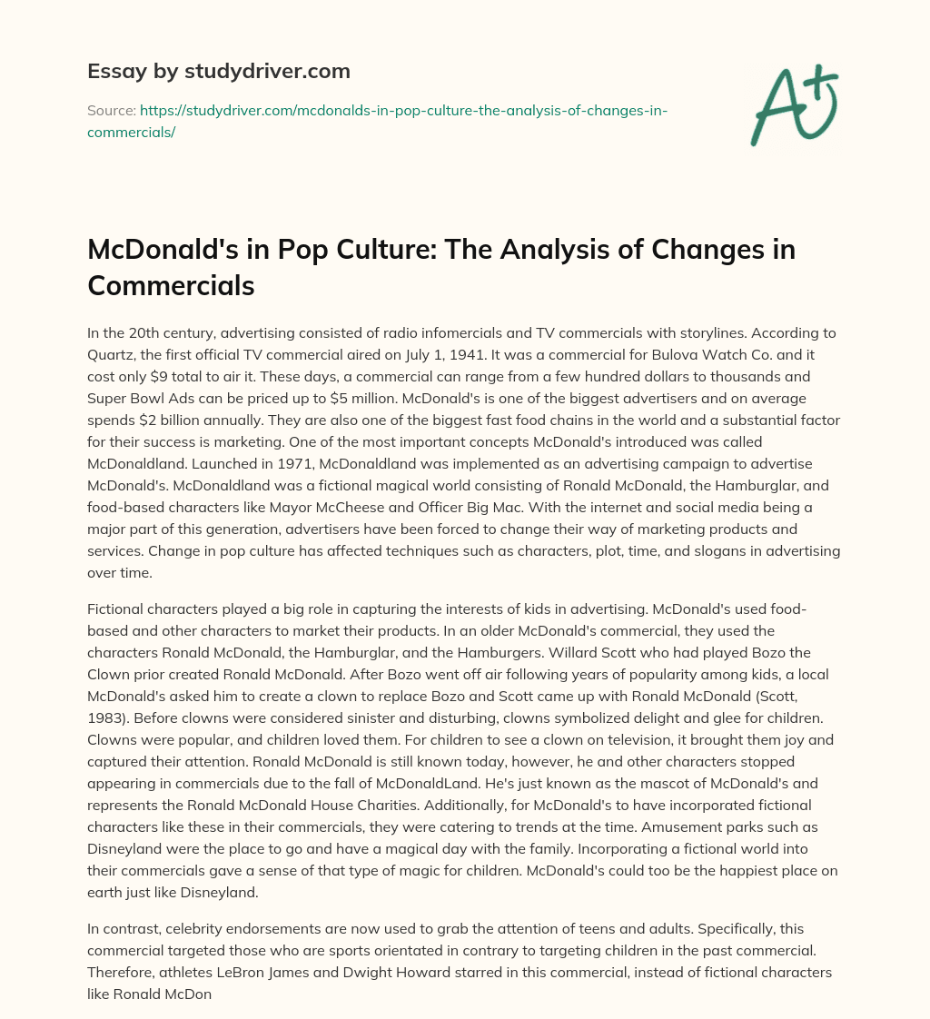 McDonald’s in Pop Culture: the Analysis of Changes in Commercials essay