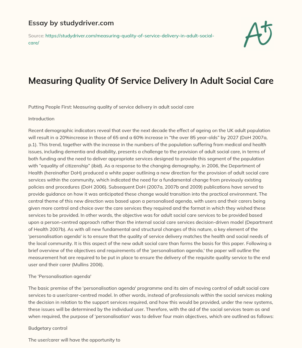 Measuring Quality of Service Delivery in Adult Social Care essay
