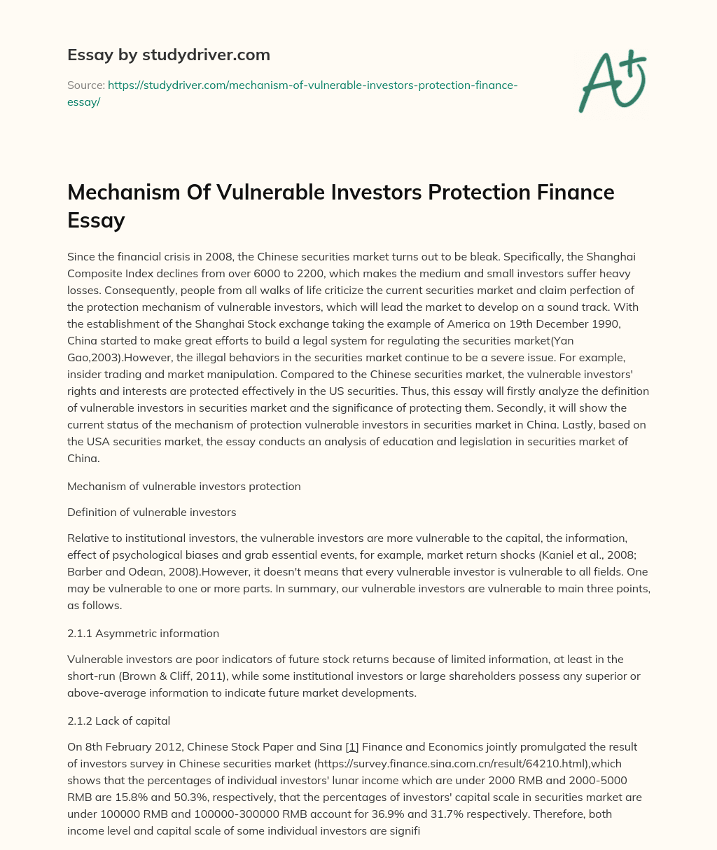Mechanism of Vulnerable Investors Protection Finance Essay essay