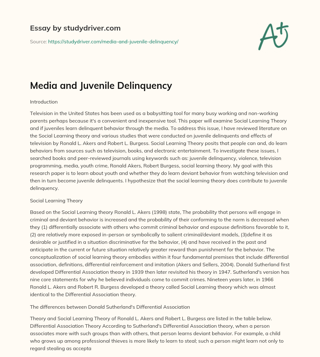 Media and Juvenile Delinquency essay
