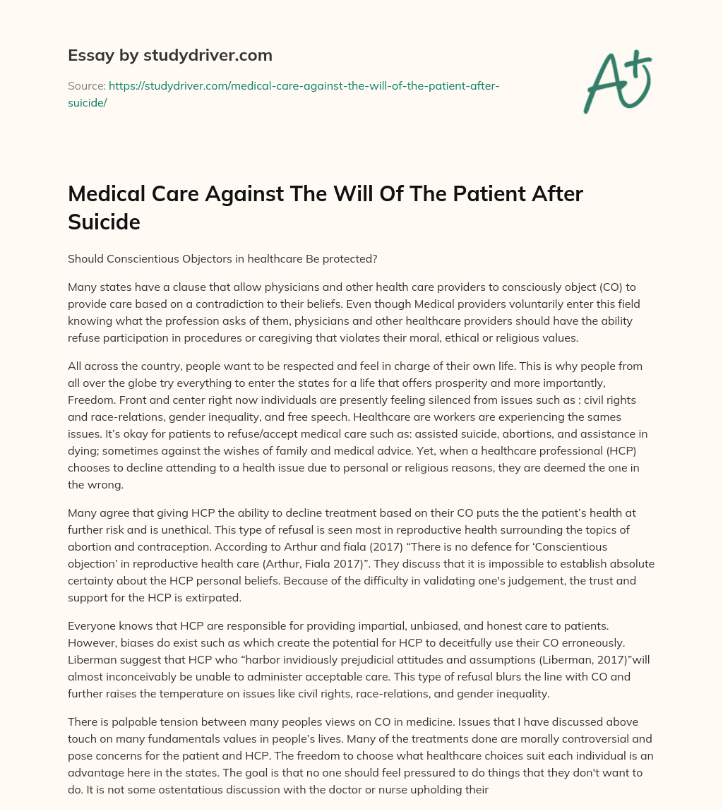 Medical Care against the Will of the Patient after Suicide essay