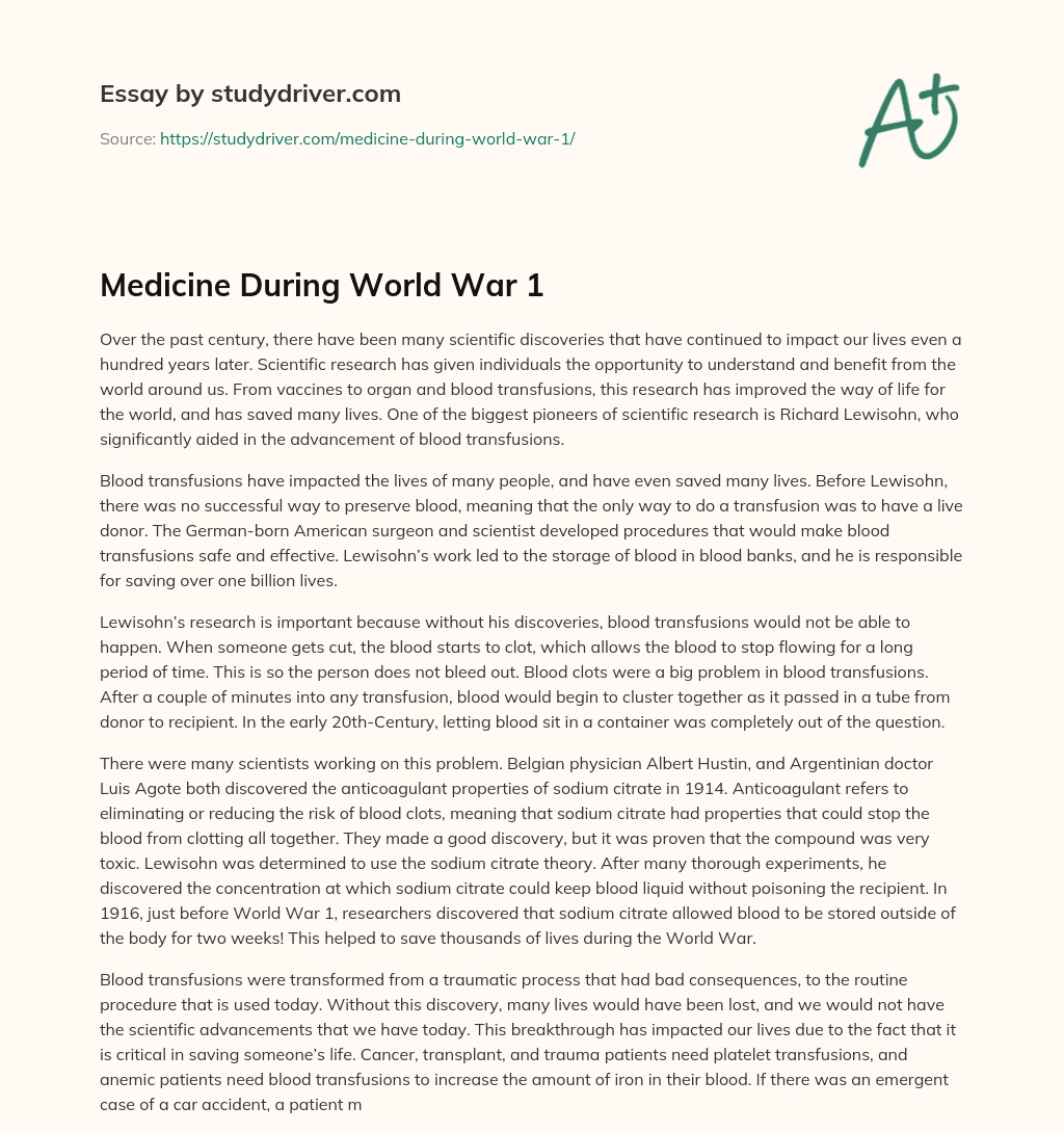 Medicine during World War 1 essay