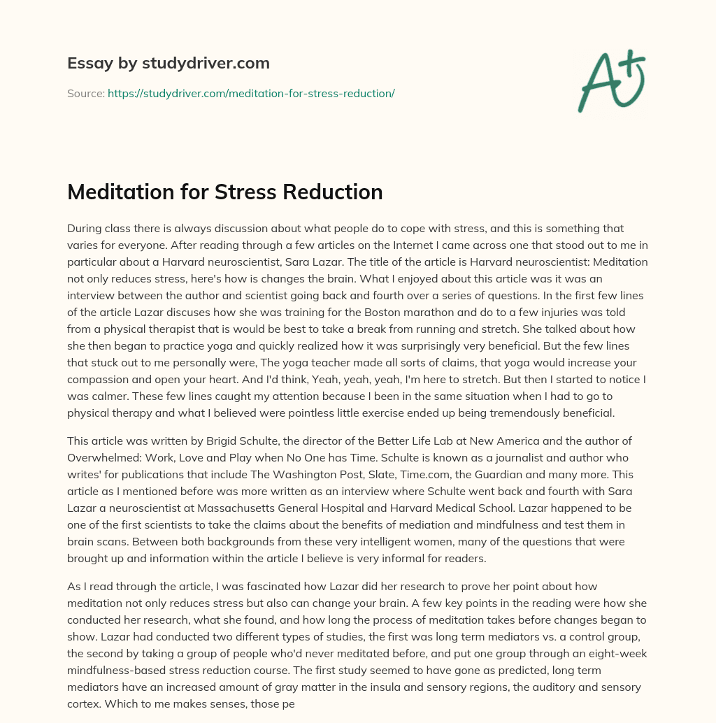 Meditation for Stress Reduction essay