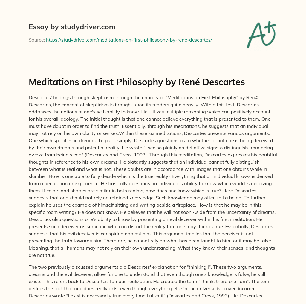 Meditations on First Philosophy by René Descartes essay