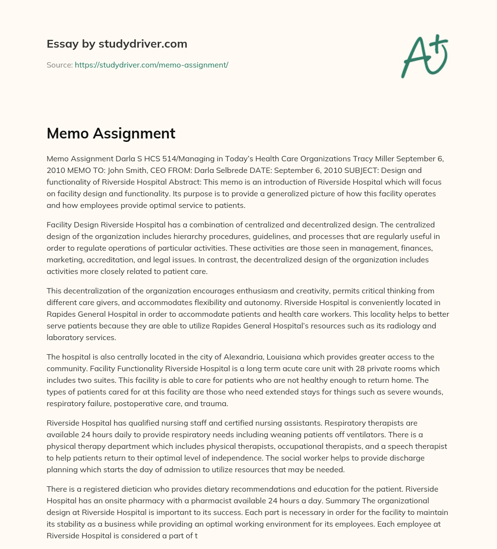 Memo Assignment essay