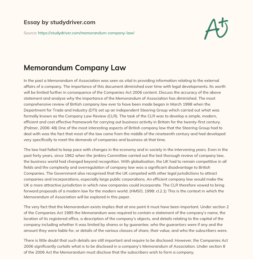 Memorandum Company Law essay