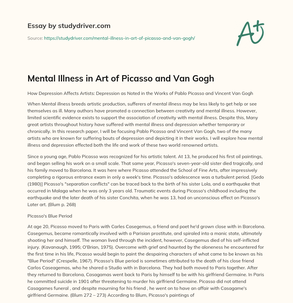Mental Illness in Art of Picasso and Van Gogh essay
