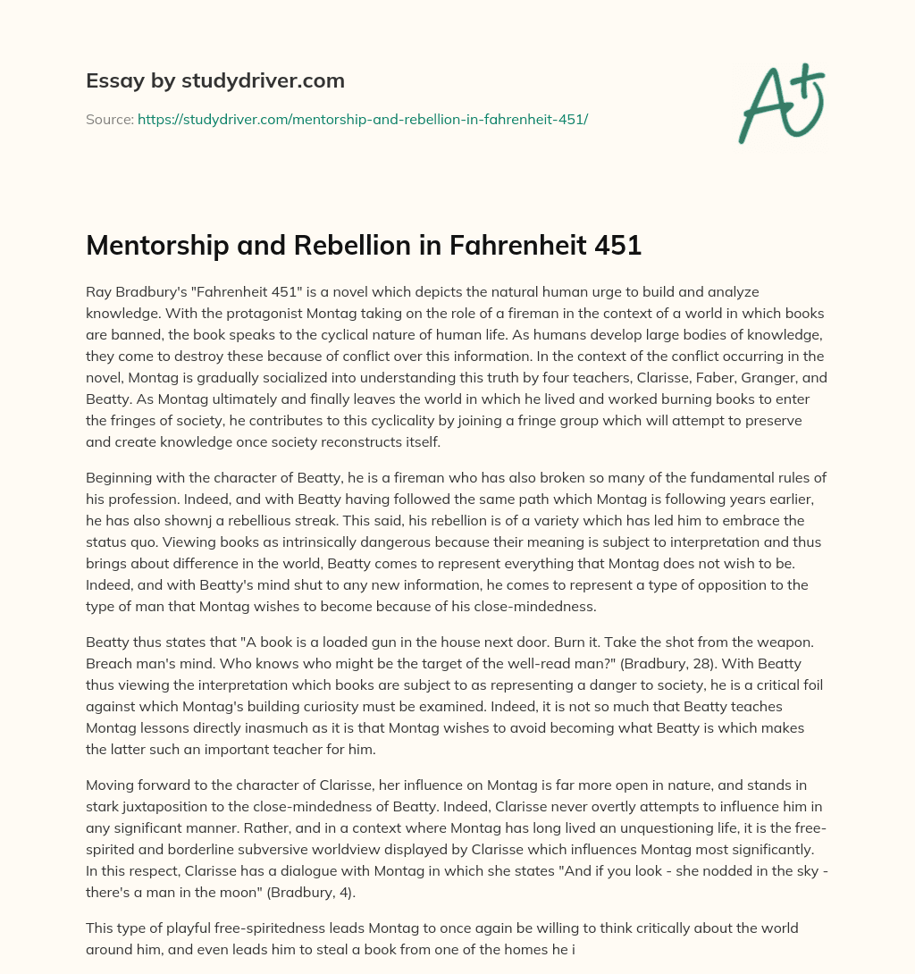 Mentorship and Rebellion in Fahrenheit 451 essay