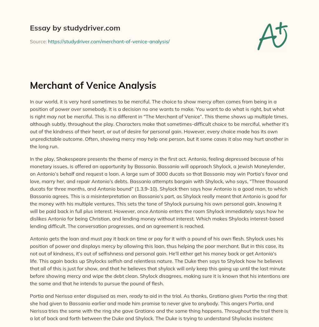 Merchant of Venice Analysis essay