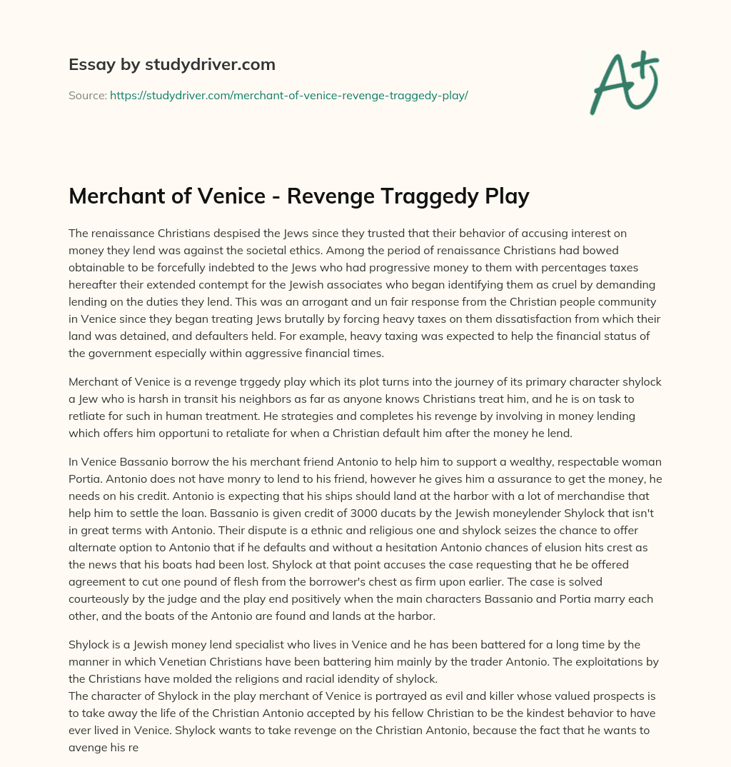 Merchant of Venice – Revenge Traggedy Play essay