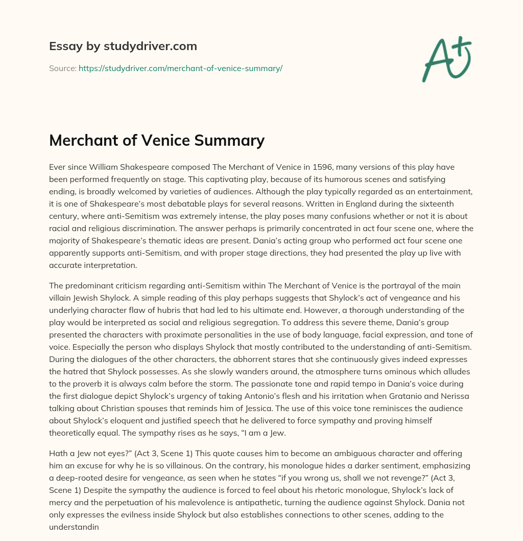 Merchant of Venice Summary essay