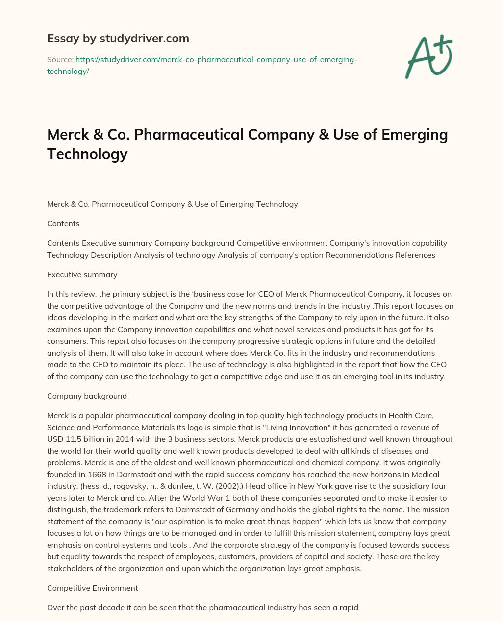 Merck & Co. Pharmaceutical Company & Use of Emerging Technology essay