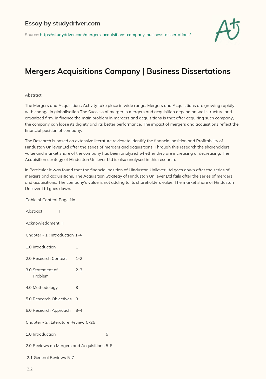 Mergers Acquisitions Company | Business Dissertations essay