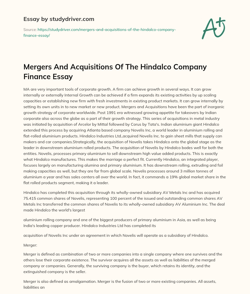 Mergers and Acquisitions of the Hindalco Company Finance Essay essay