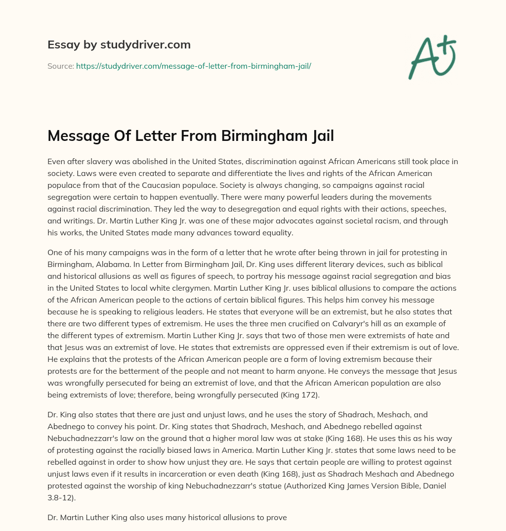 Message of Letter from Birmingham Jail essay
