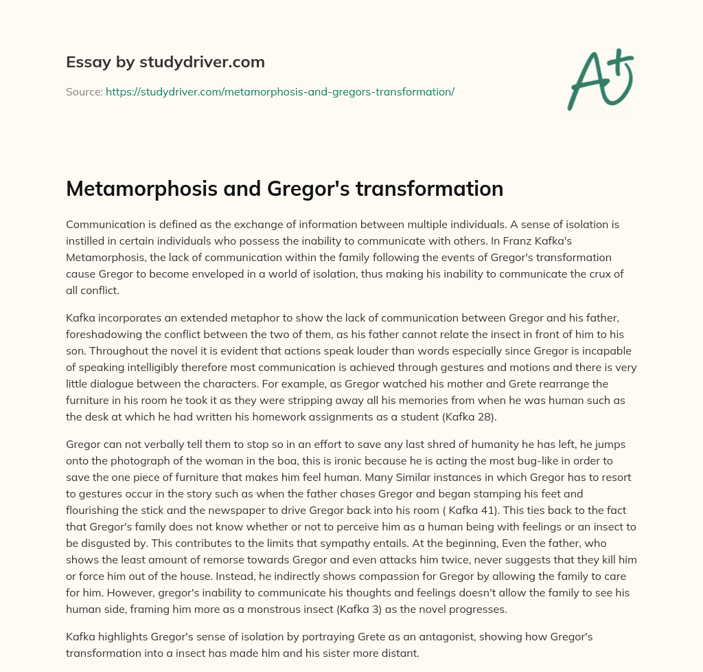 Metamorphosis and Gregor’s Transformation essay