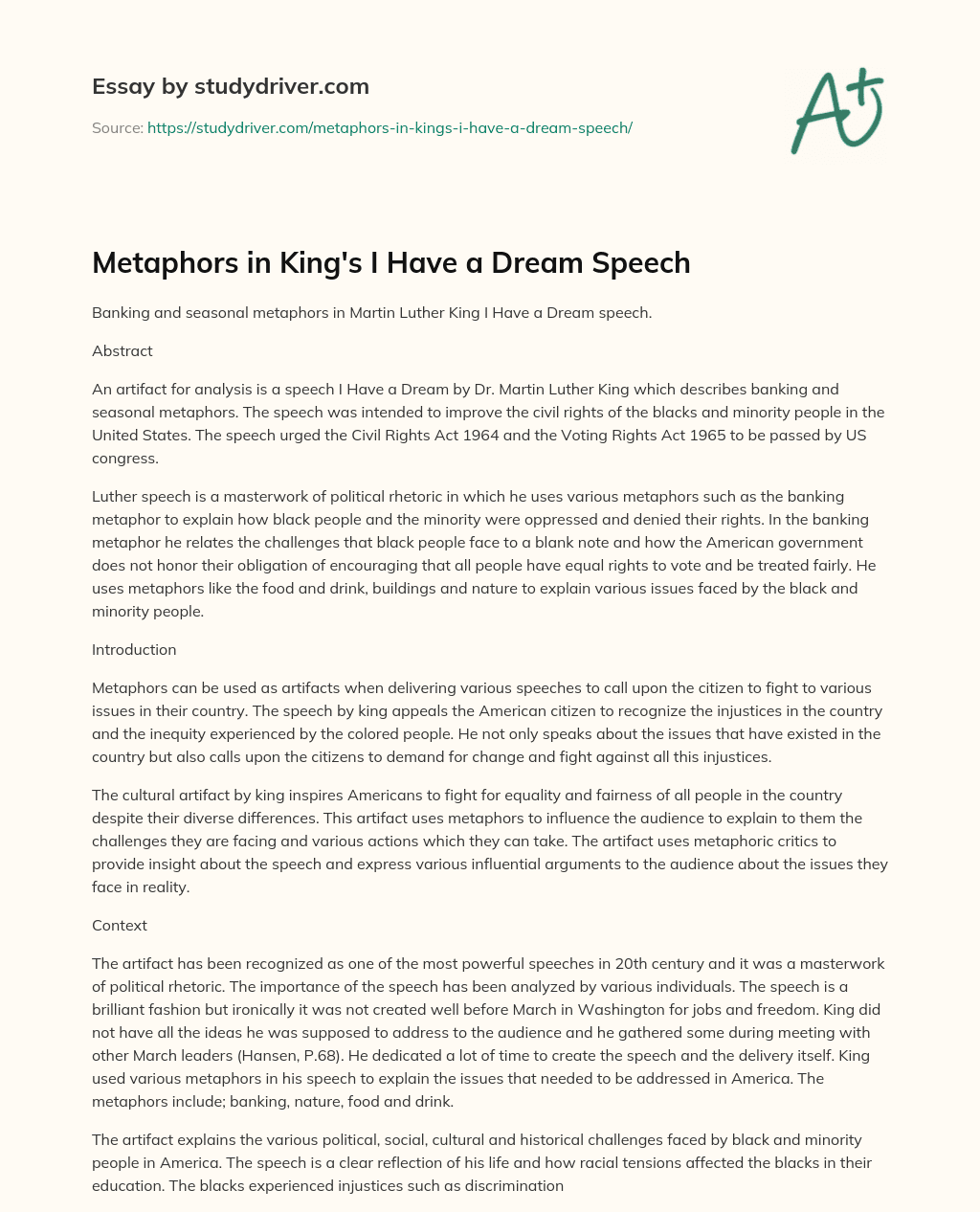 Metaphors in King’s i have a Dream Speech essay
