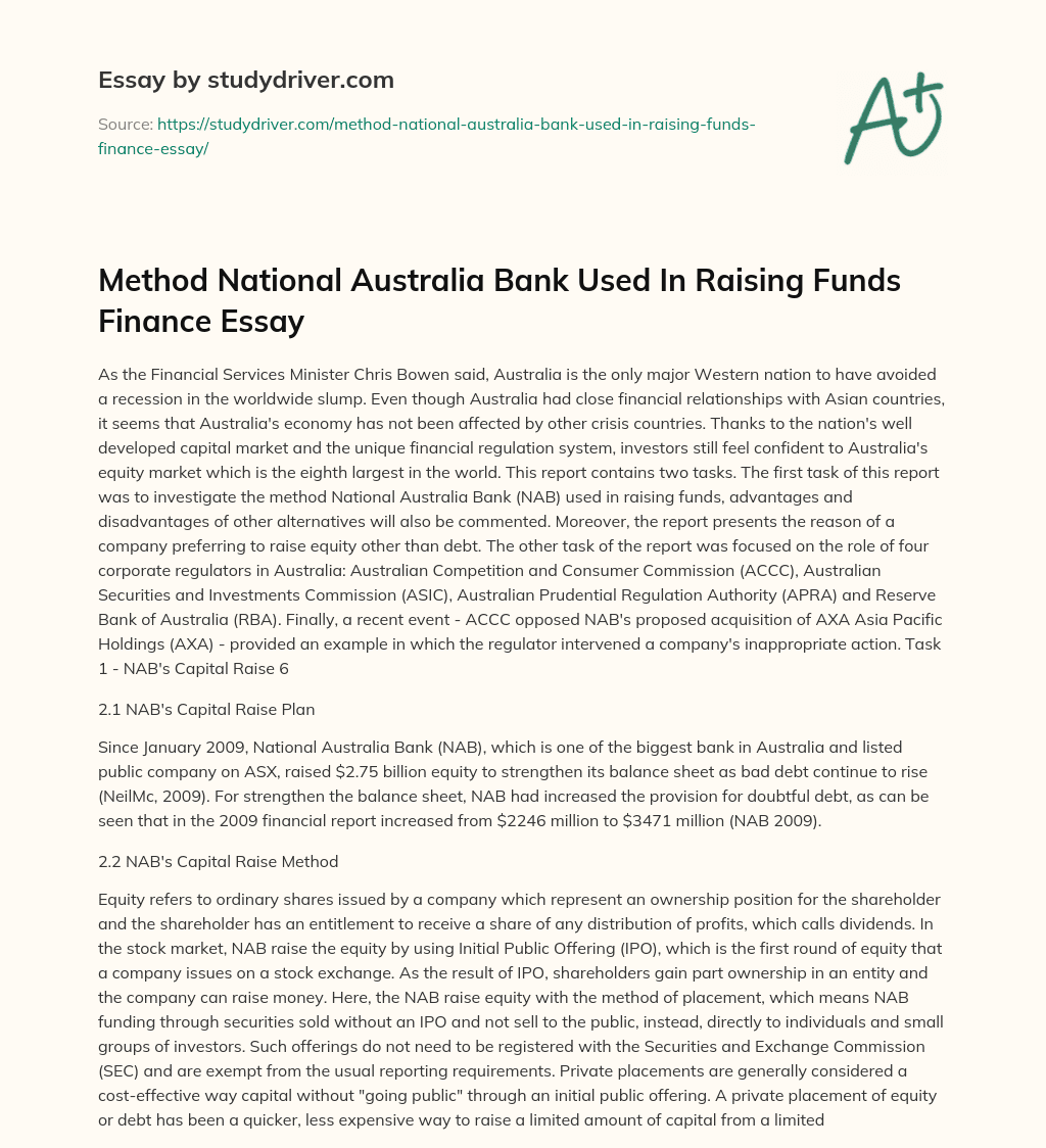 Method National Australia Bank Used in Raising Funds Finance Essay essay