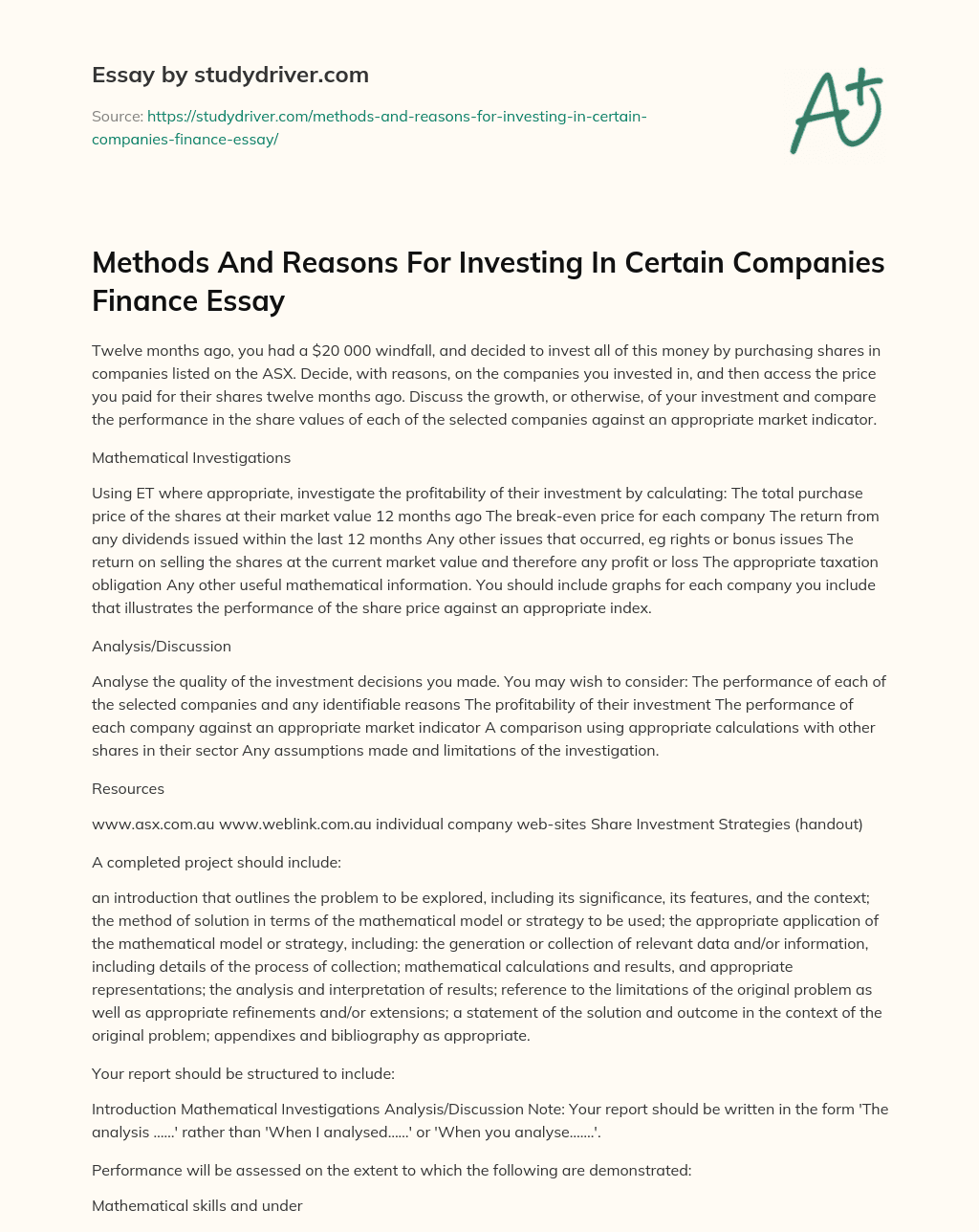 Methods and Reasons for Investing in Certain Companies Finance Essay essay