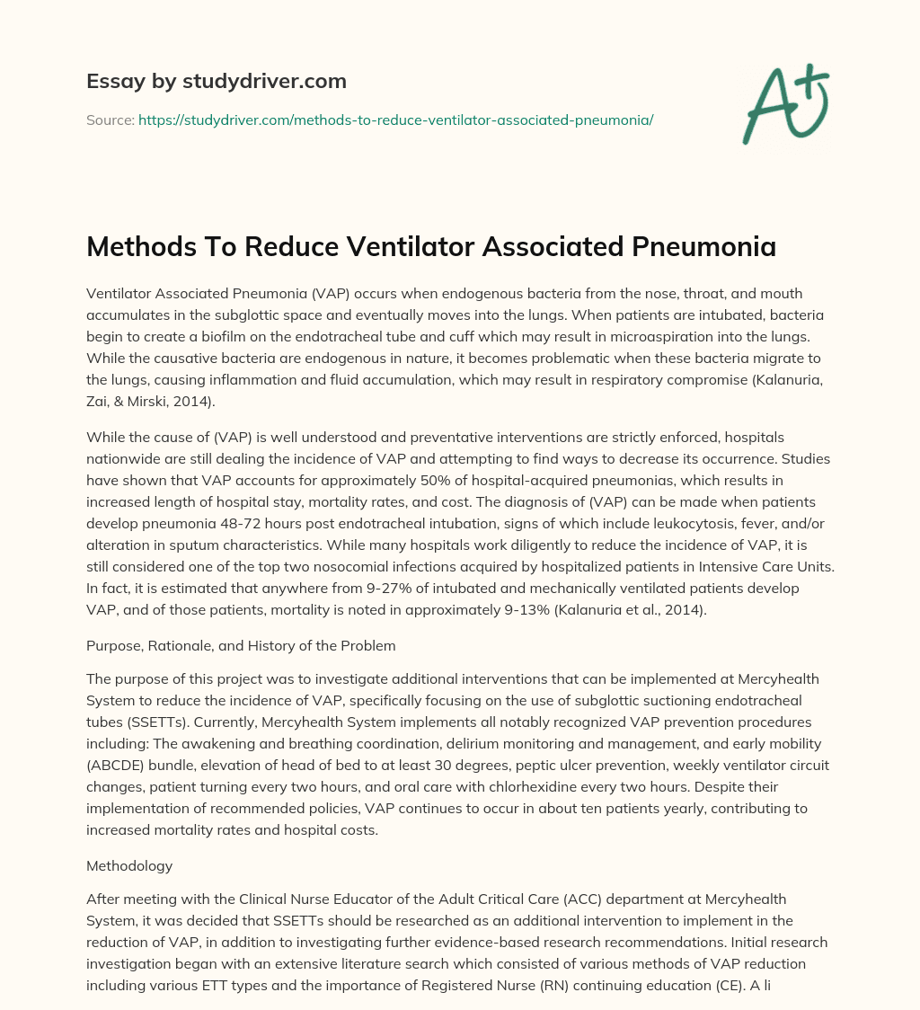 Methods to Reduce Ventilator Associated Pneumonia essay