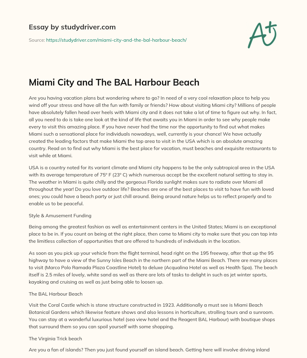 Miami City and the BAL Harbour Beach essay