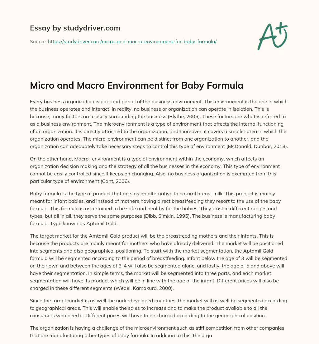 Micro and Macro Environment for Baby Formula essay