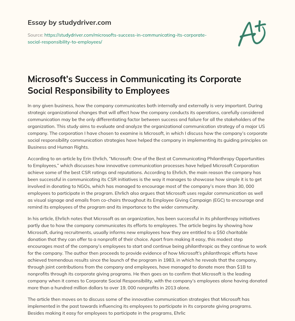 Microsoft’s Success in Communicating its Corporate Social Responsibility to Employees essay