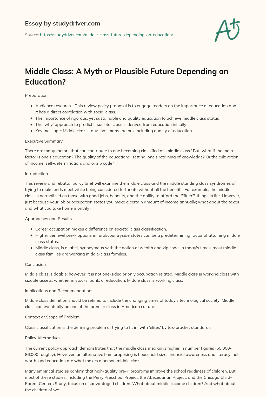 Middle Class: a Myth or Plausible Future Depending on Education? essay