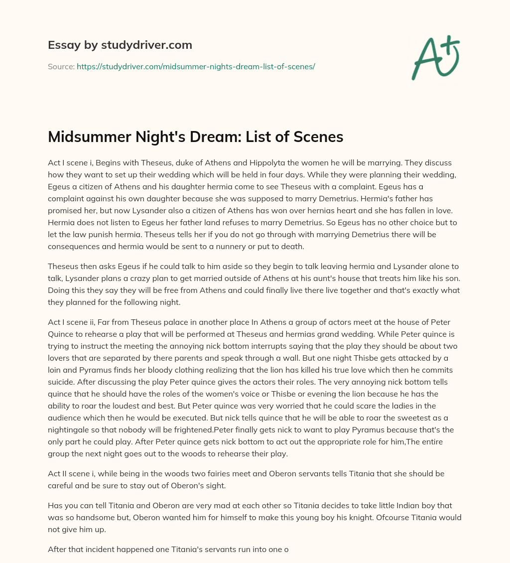 Midsummer Night’s Dream: List of Scenes essay