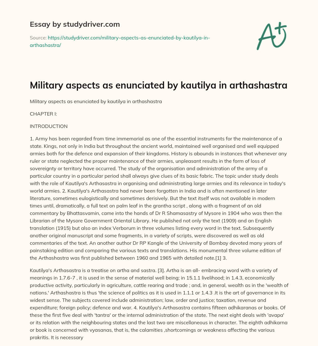 Military Aspects as Enunciated by Kautilya in Arthashastra essay