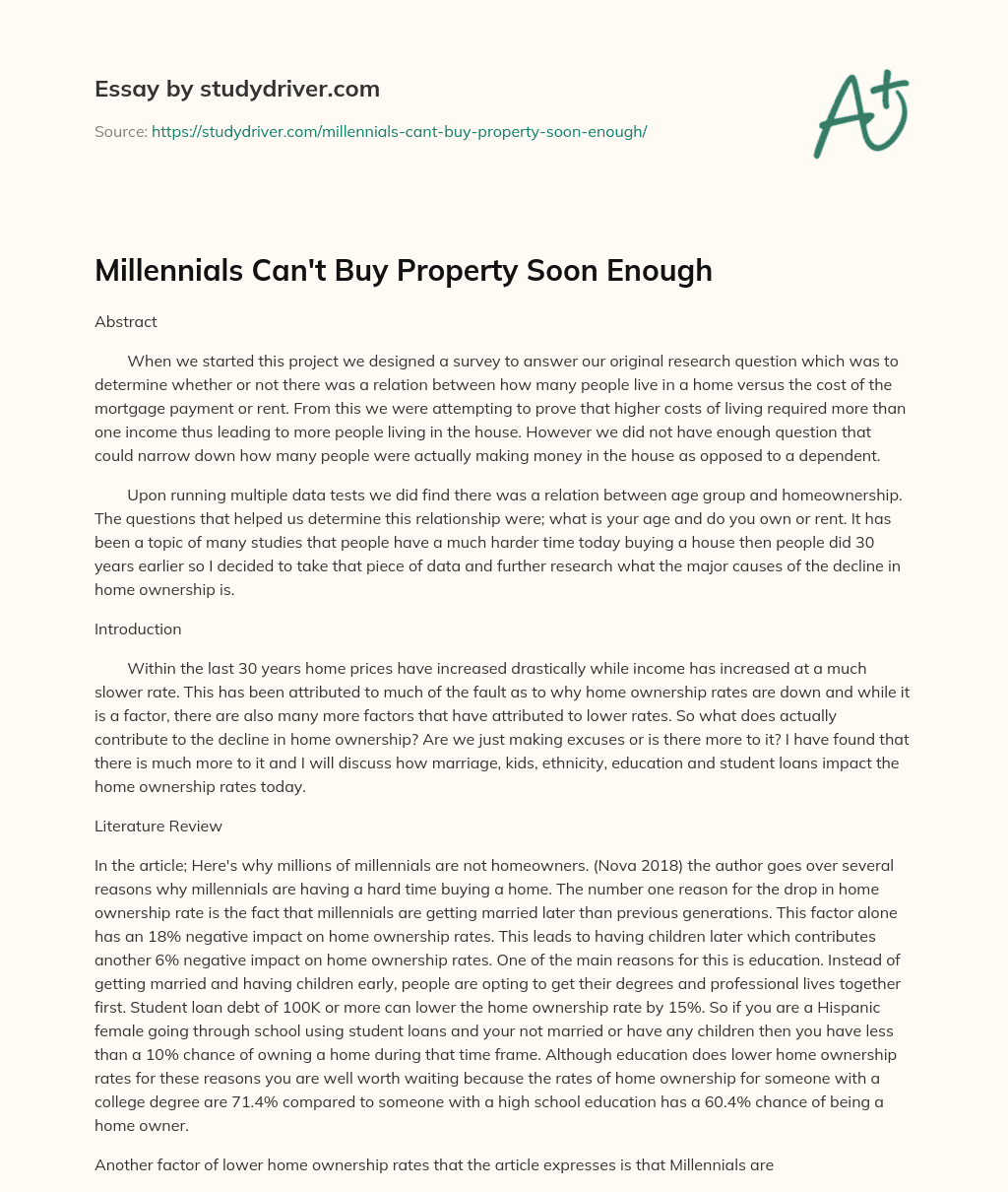 Millennials can’t Buy Property Soon Enough essay