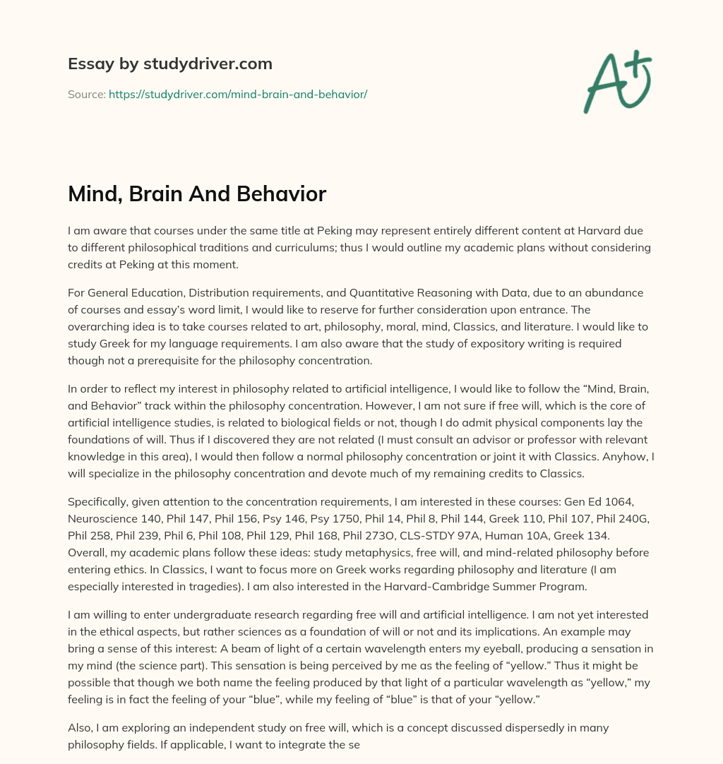 Mind, Brain and Behavior essay