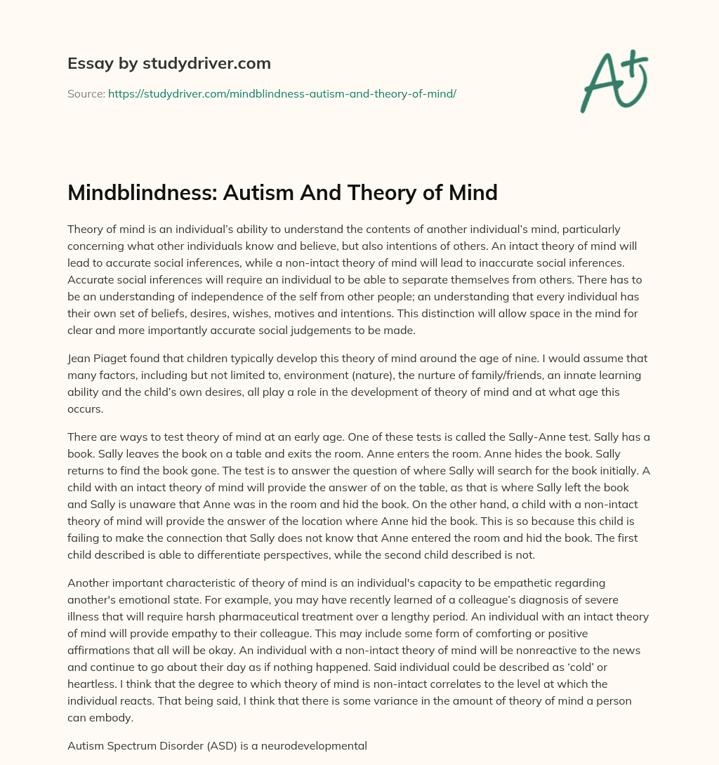 Mindblindness: Autism and Theory of Mind essay