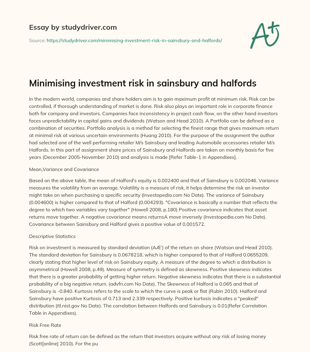 Minimising Investment Risk in Sainsbury and Halfords essay