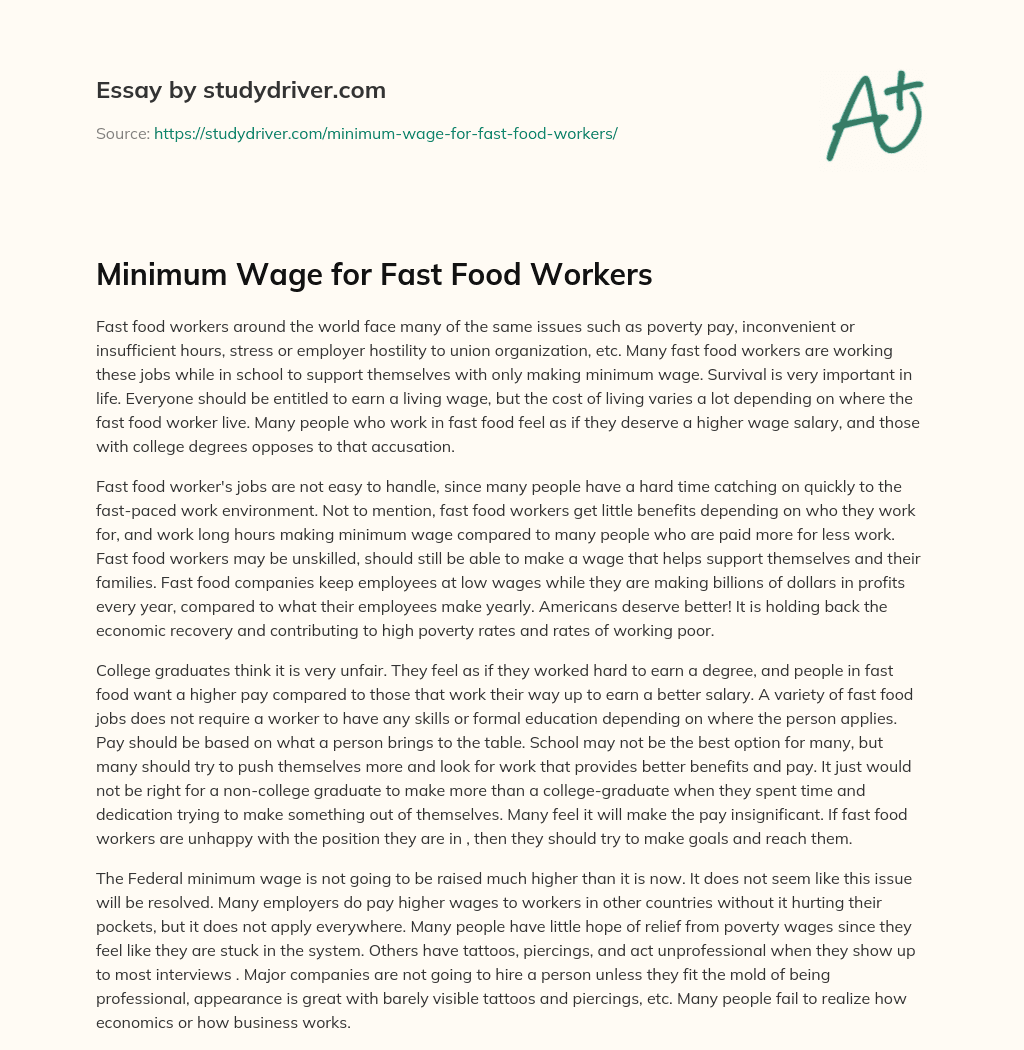 Minimum Wage for Fast Food Workers essay