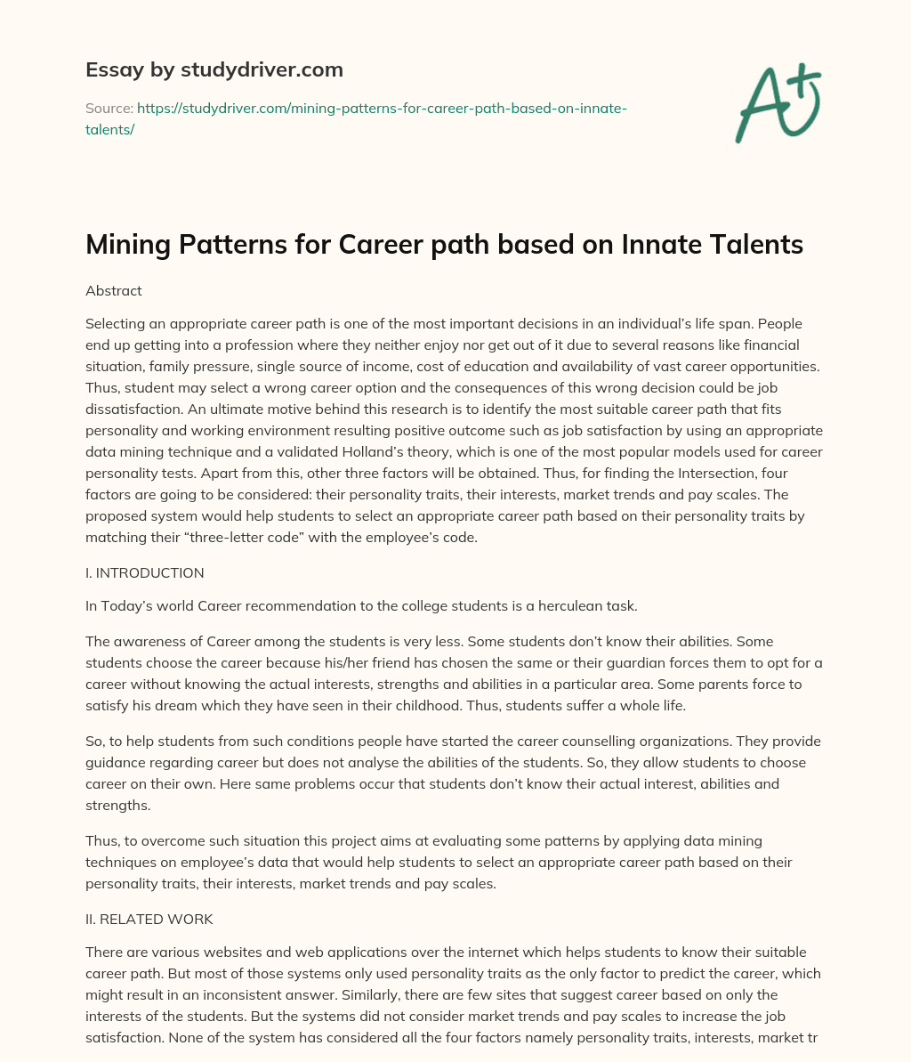 Mining Patterns for Career Path Based on Innate Talents essay