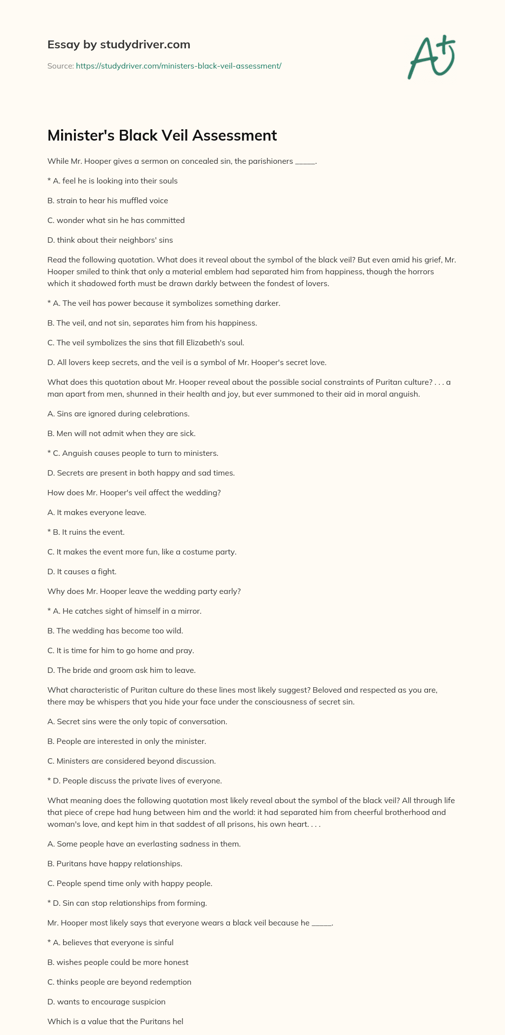 Minister’s Black Veil Assessment essay