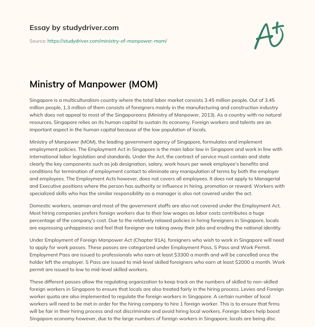 Ministry of Manpower (MOM) essay