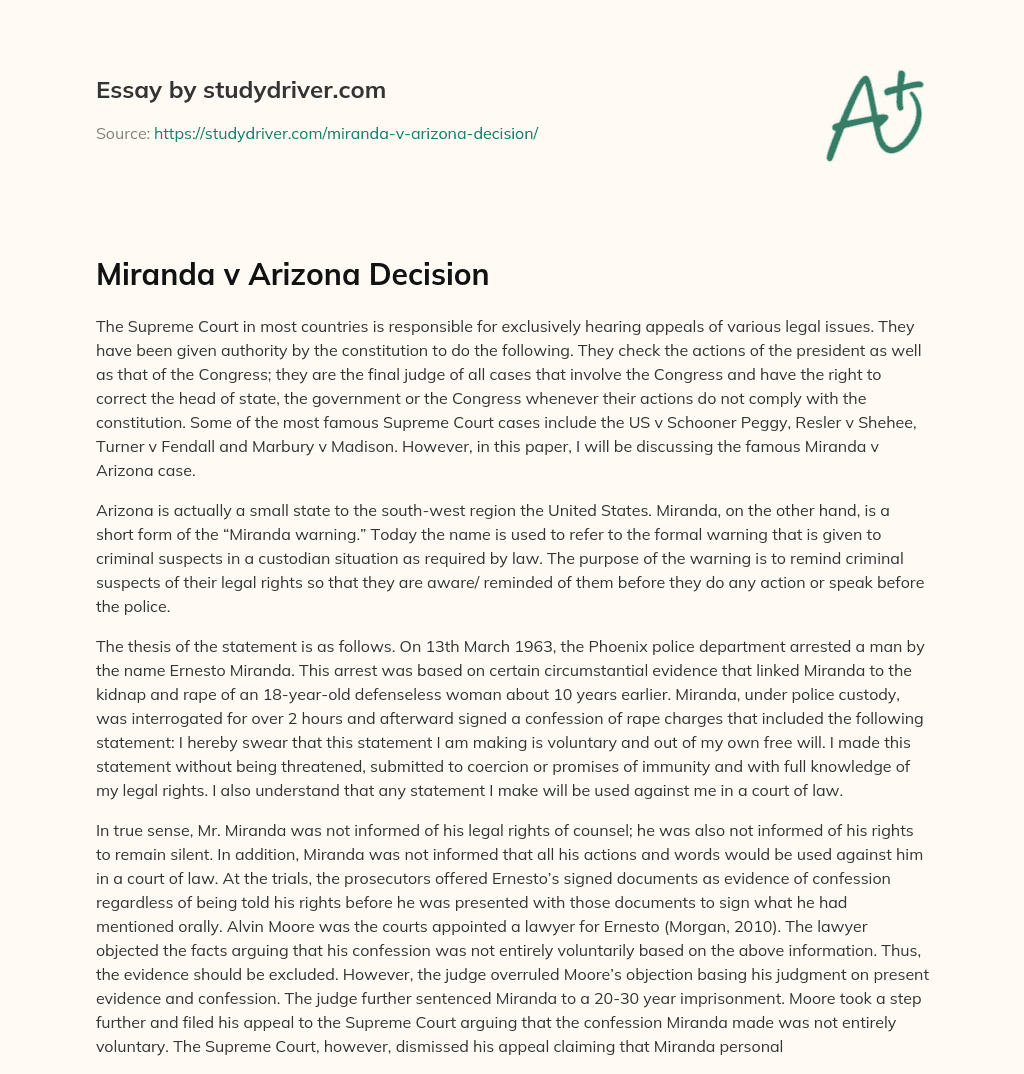 Miranda V Arizona Decision essay