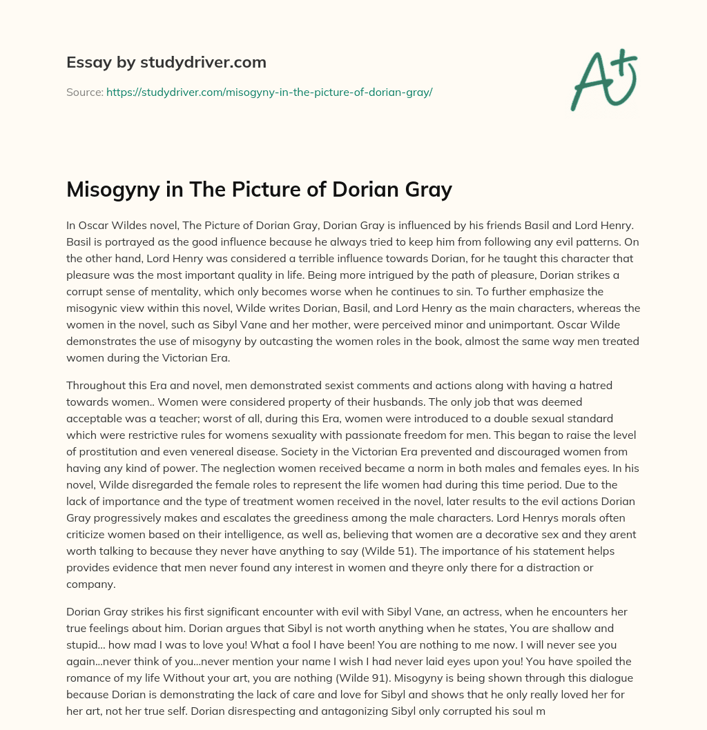 Misogyny in the Picture of Dorian Gray essay