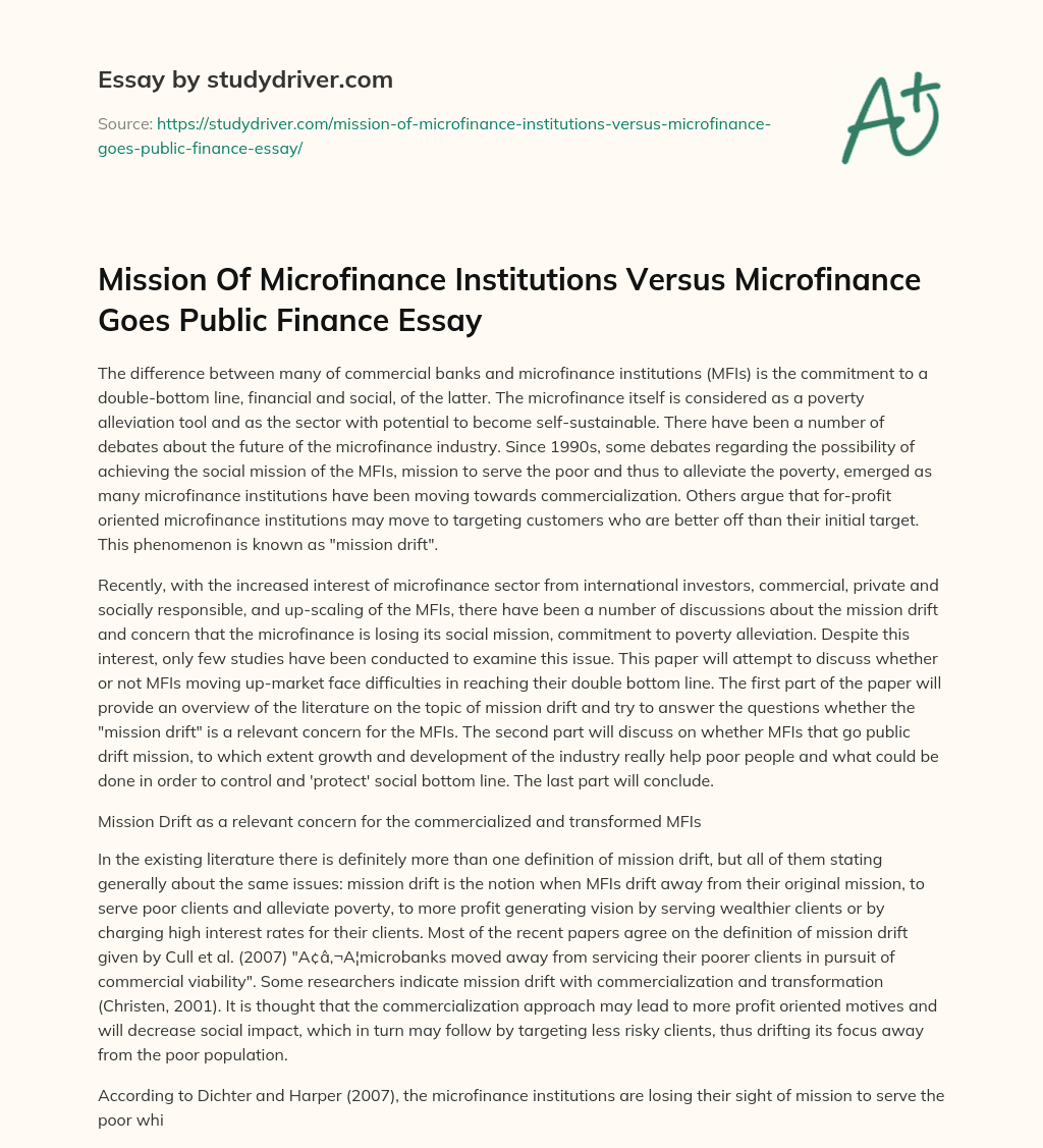 Mission of Microfinance Institutions Versus Microfinance Goes Public Finance Essay essay