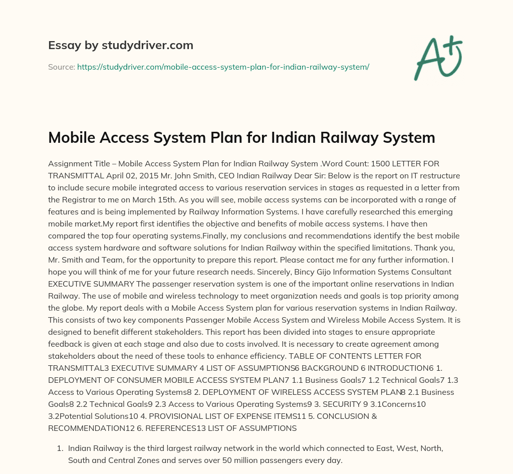 Mobile Access System Plan for Indian Railway System essay