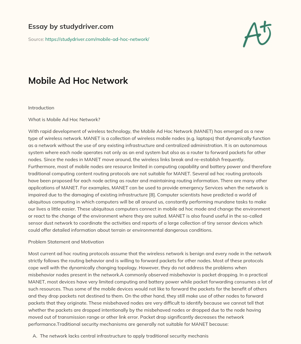 Mobile Ad Hoc Network essay