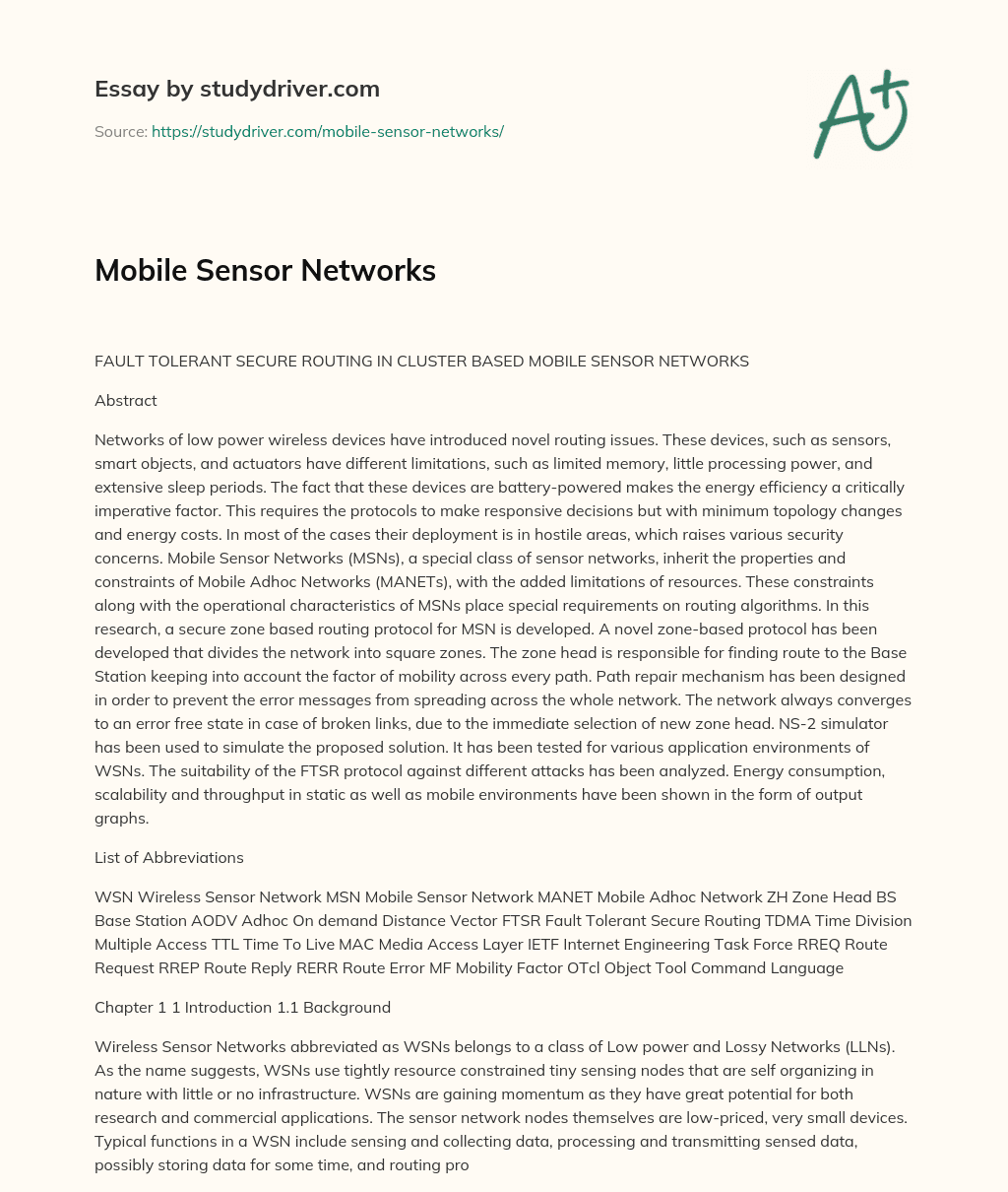 Mobile Sensor Networks essay