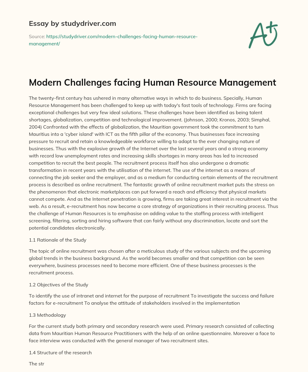 Modern Challenges Facing Human Resource Management essay
