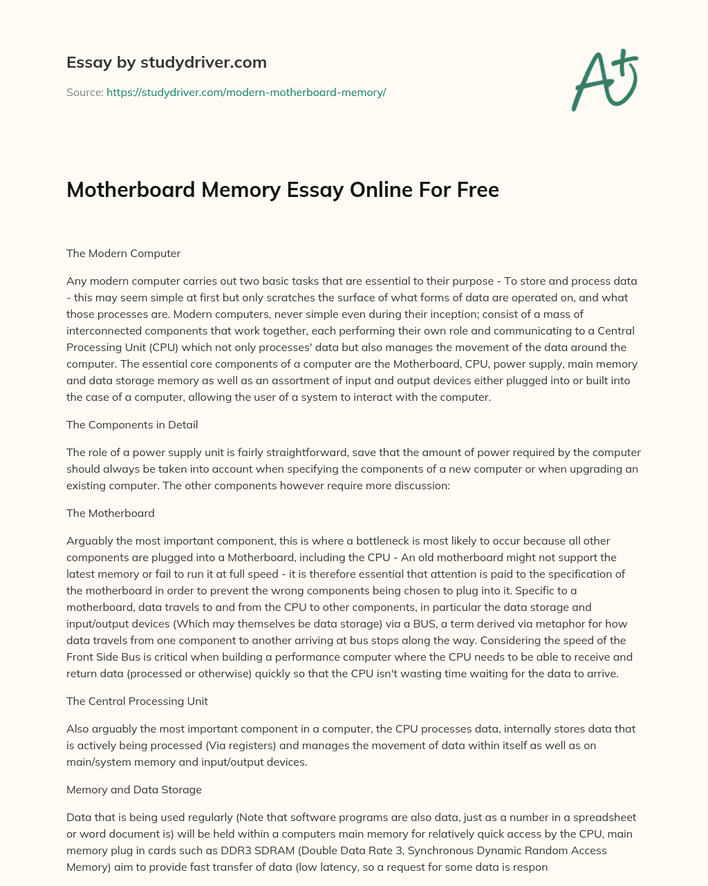 Motherboard Memory Essay Online for Free essay