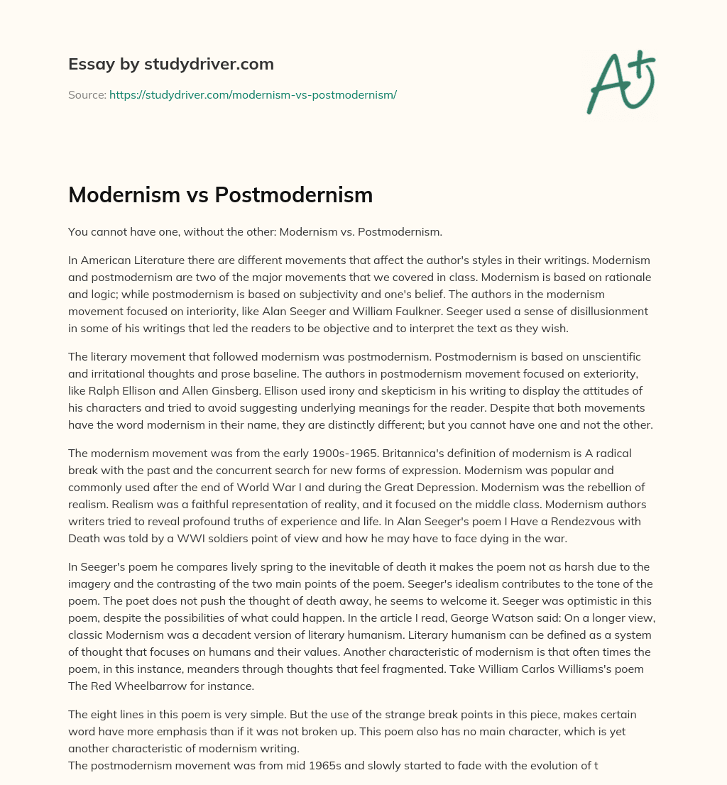 Modernism Vs Postmodernism essay