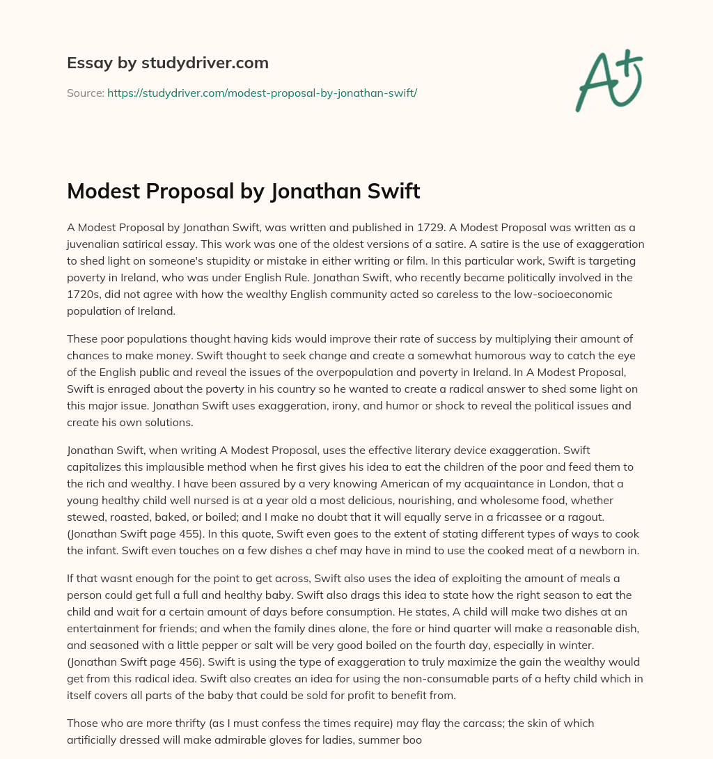 Modest Proposal by Jonathan Swift essay